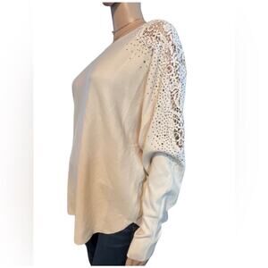 LIV Milano Floral Embellished Knit Top XL Lace Shoulder White Soft Dressy Blouse